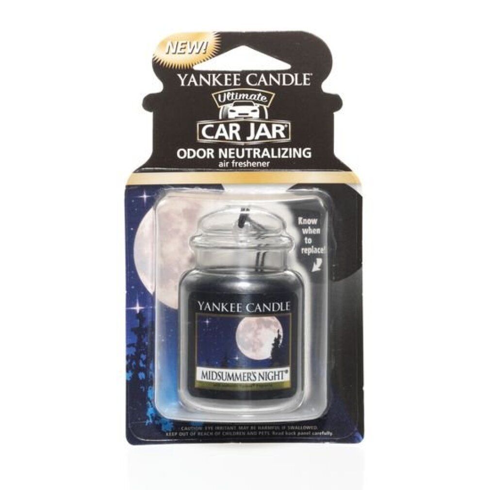 Deodorante per auto in barattolo di vetro nella confezione. Scritta: Yankee Candle, Car Jar, Midsummers Night. Motivo luna.