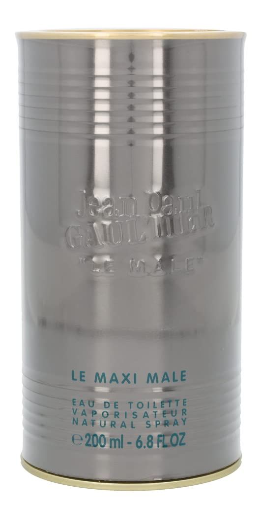 Scatola cilindrica argentata con bordo dorato. Scritta: Jean Paul Gaultier, Le Maxi Male. Eau de Toilette. Vaporizzatore.
