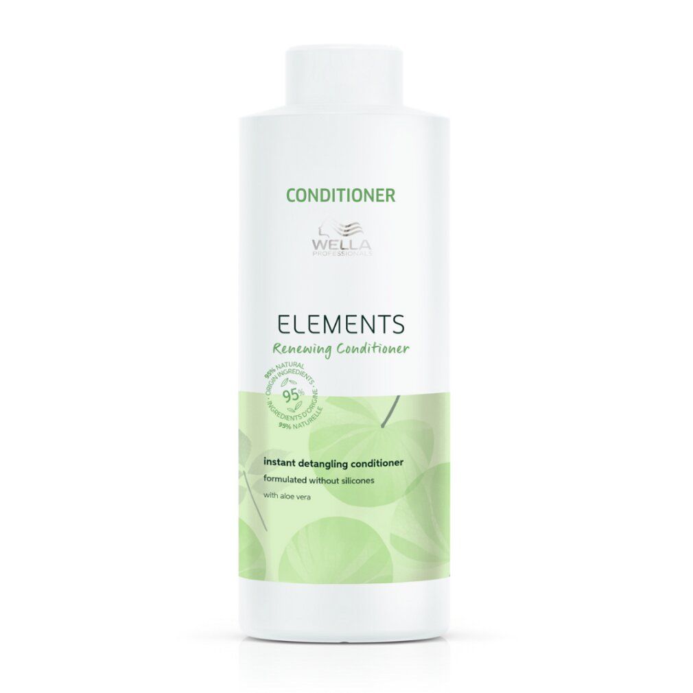 Flacone bianco con motivo a foglie verdi. Scritta: CONDITIONER, ELEMENTS, Renewing Conditioner, 95% Natural.