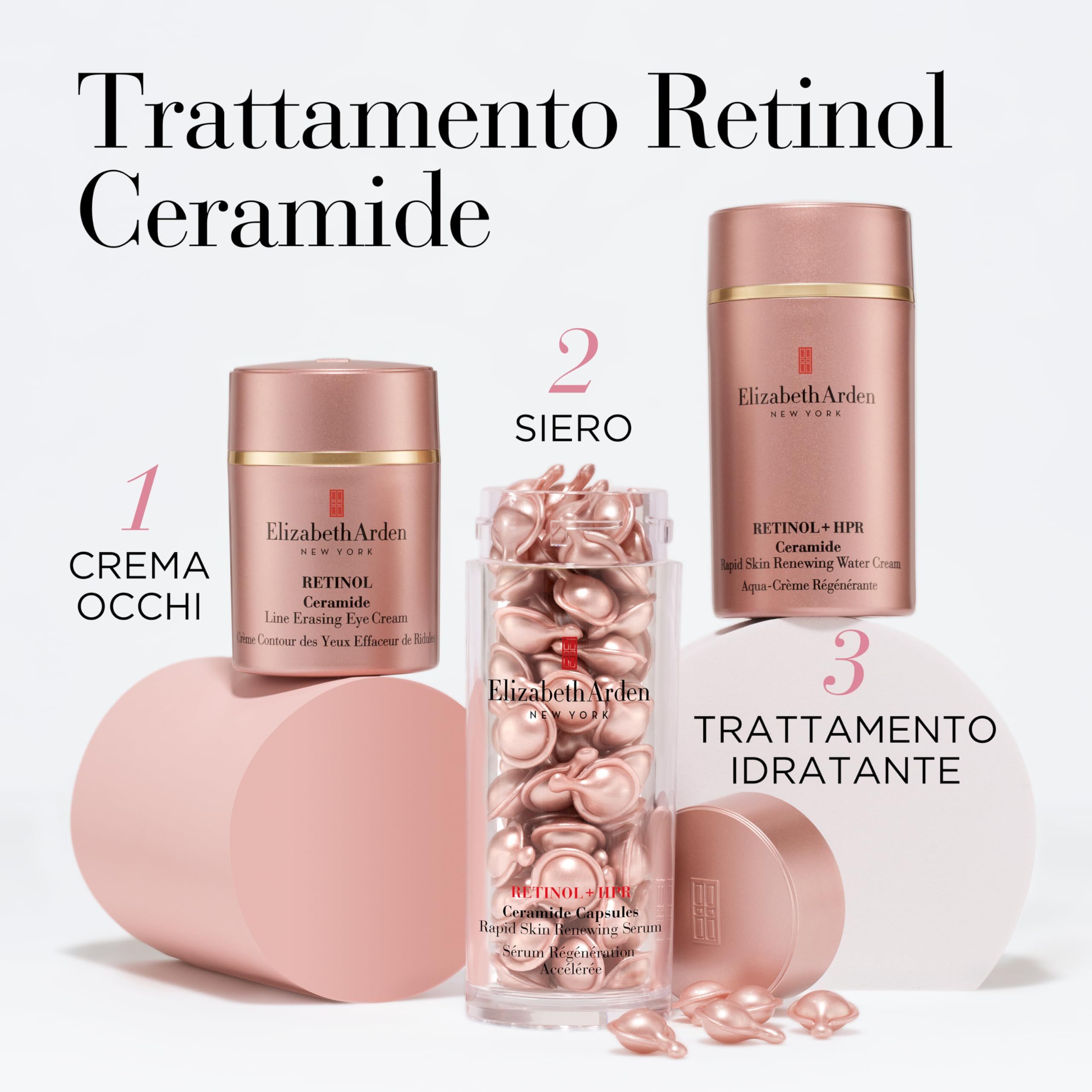 Tre prodotti: crema occhi, capsule siero, idratante. Testo: Elizabeth Arden, Retinol Ceramide. Trattamento.