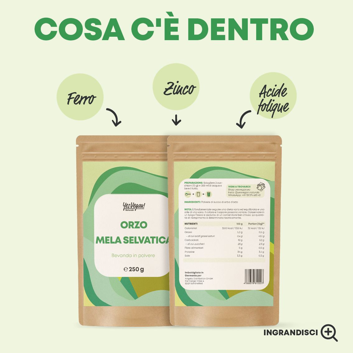 Due confezioni "Orzo Mela Selvatica" con informazioni nutrizionali.