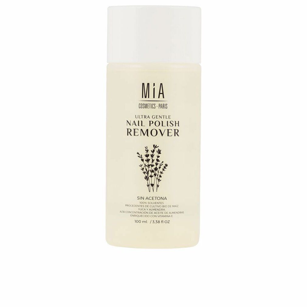 Flacone di solvente per unghie. Scritta: Mia Cosmetics Paris, Ultra Gentle Nail Polish Remover, Sin Acetona. 100 ml.