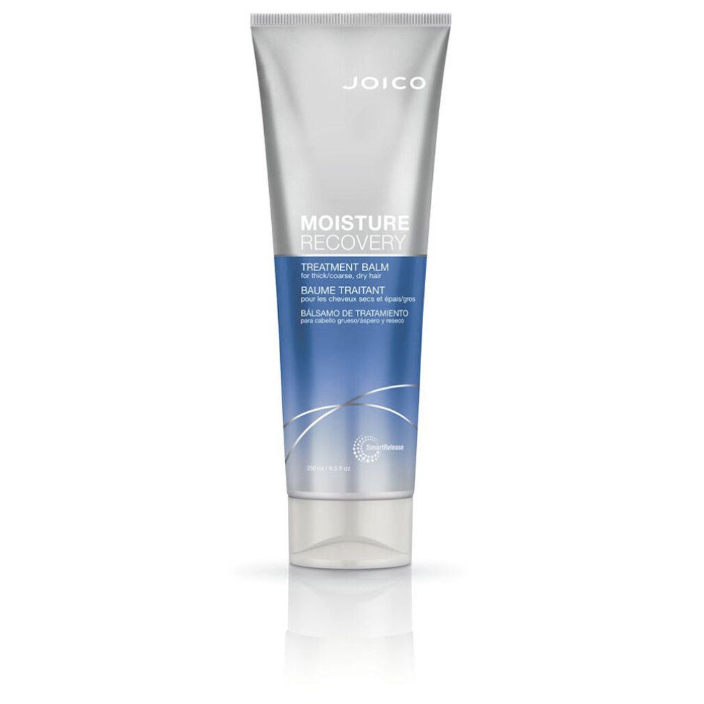 Tubo cilindrico con sfumatura blu e bianca. Scritta: JOICO, MOISTURE RECOVERY, TREATMENT BALM. Per capelli spessi e secchi.