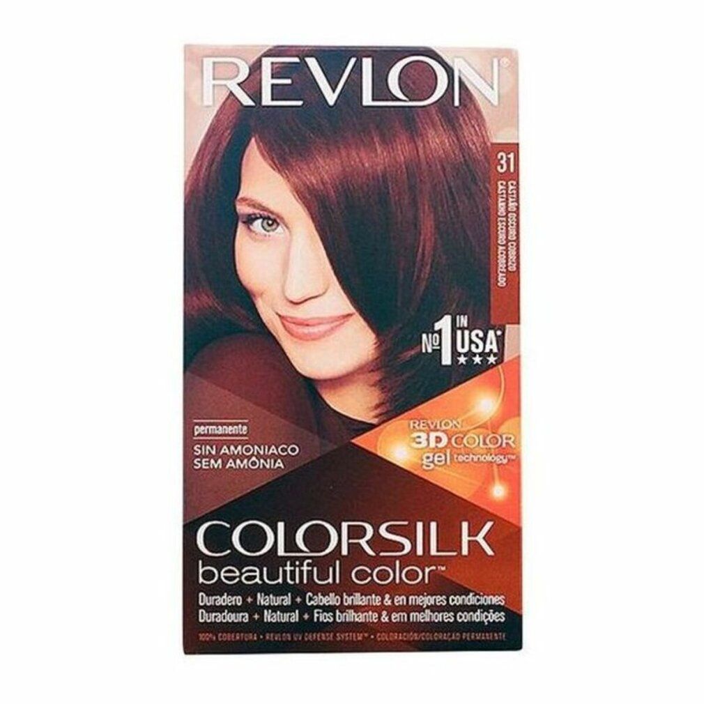 Confezione Revlon Colorsilk 31 Dark Auburn. Donna con capelli castani. Visibili "Sin amoniaco" e "3D Color gel technology".