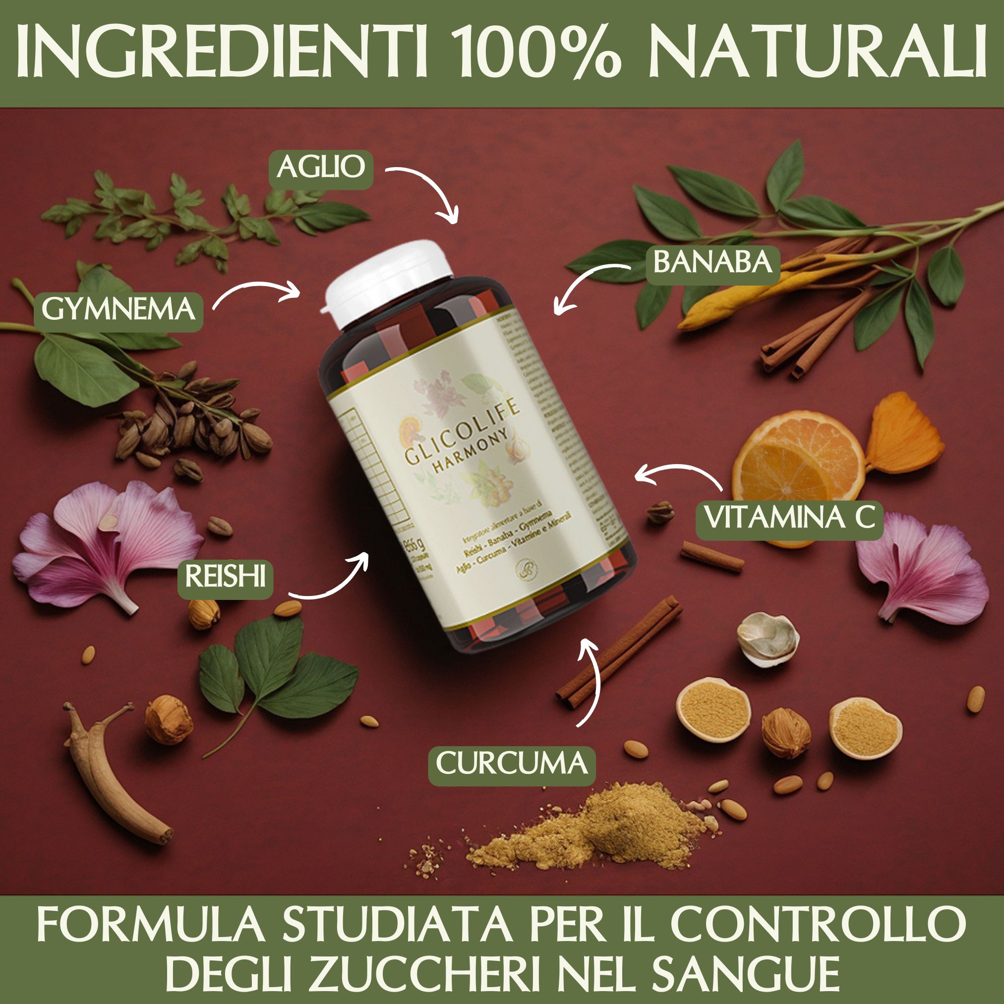 Flacone del prodotto con ingredienti come aglio, Gymnema, Banaba, Curcuma. Testo: Ingredienti 100% naturali.