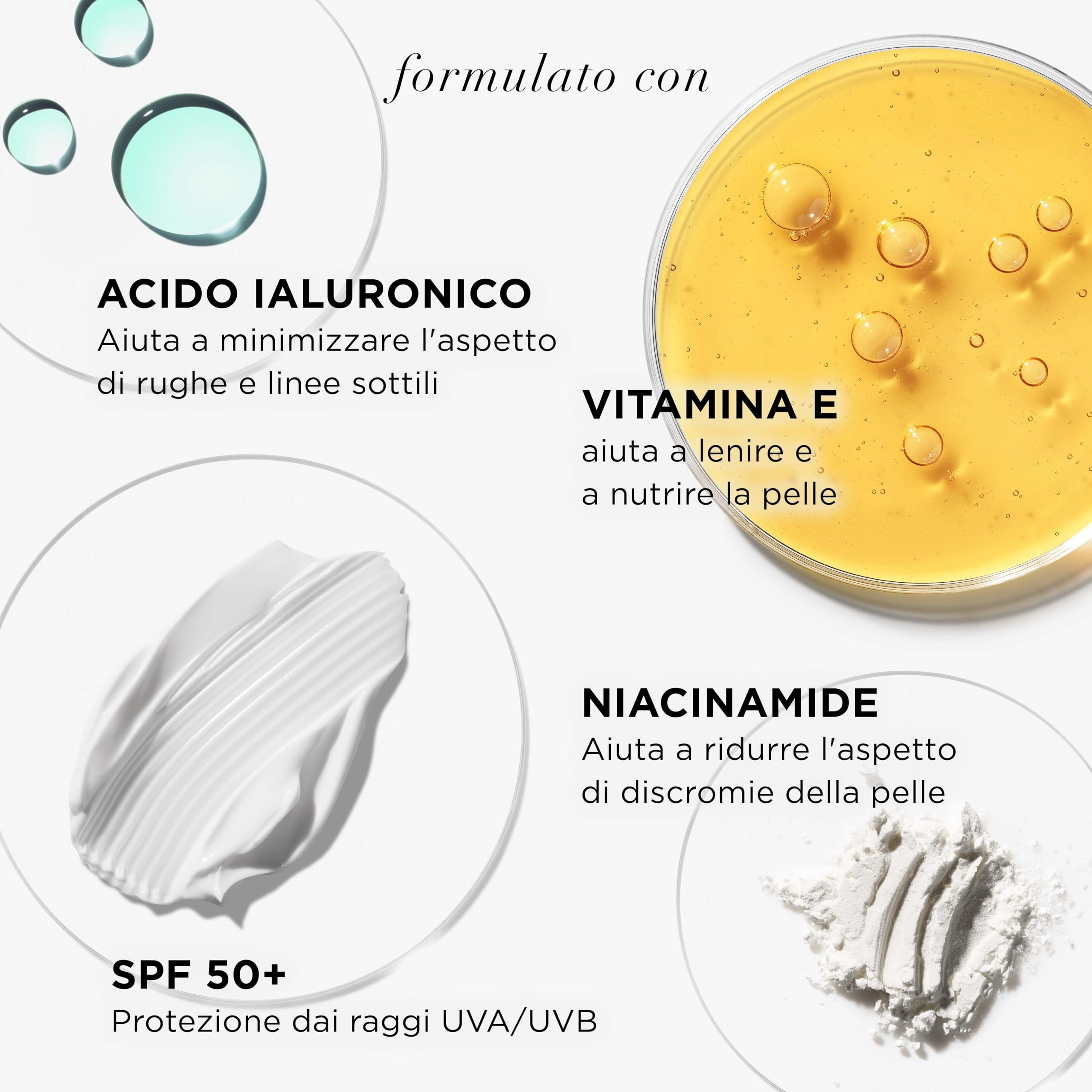 Ingredienti. Testo: Acido Ialuronico, Vitamina E, Niacinamide, SPF 50+, Protezione dai raggi UVA/UVB.
