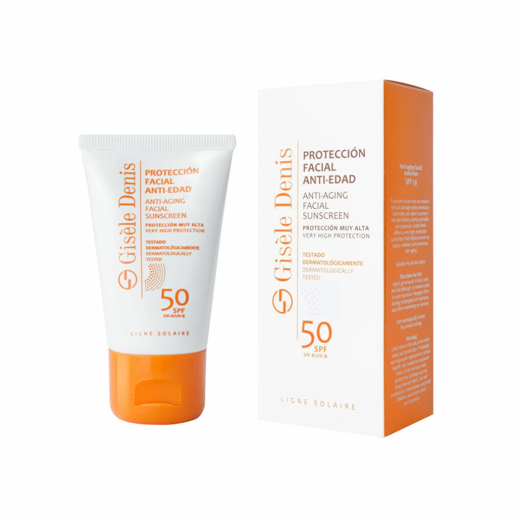Tubo e scatola Gisele Denis, protezione solare viso anti-età SPF 50. Confezione bianca, dettagli arancioni.