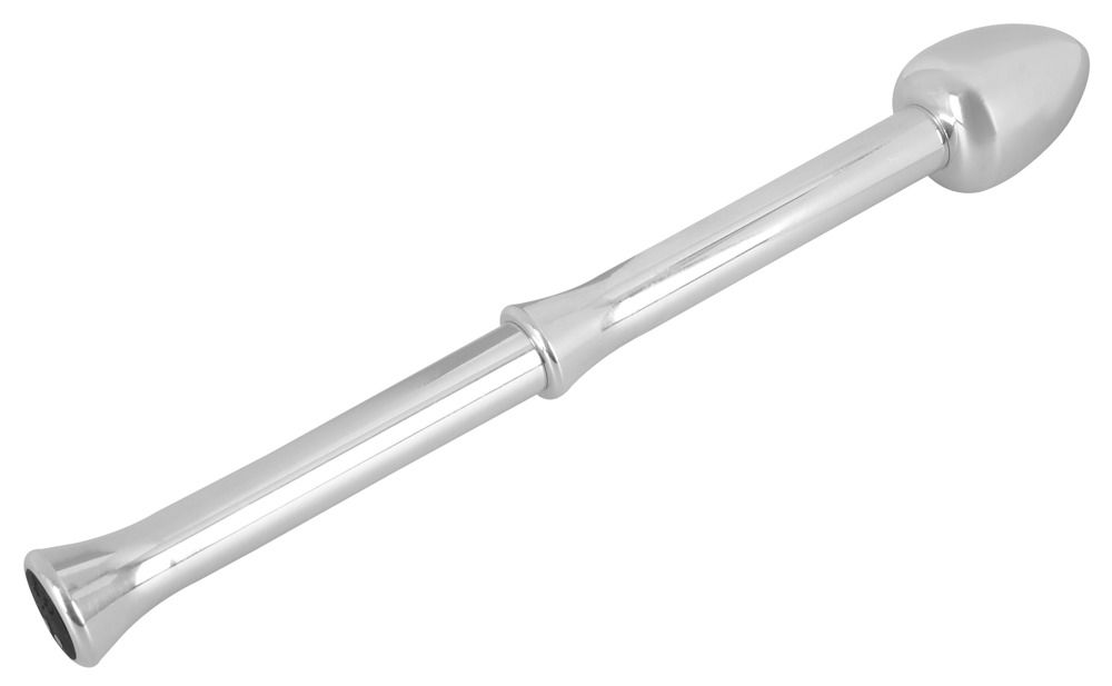Stimolatore metallico lucido con testa affusolata e manico dritto.