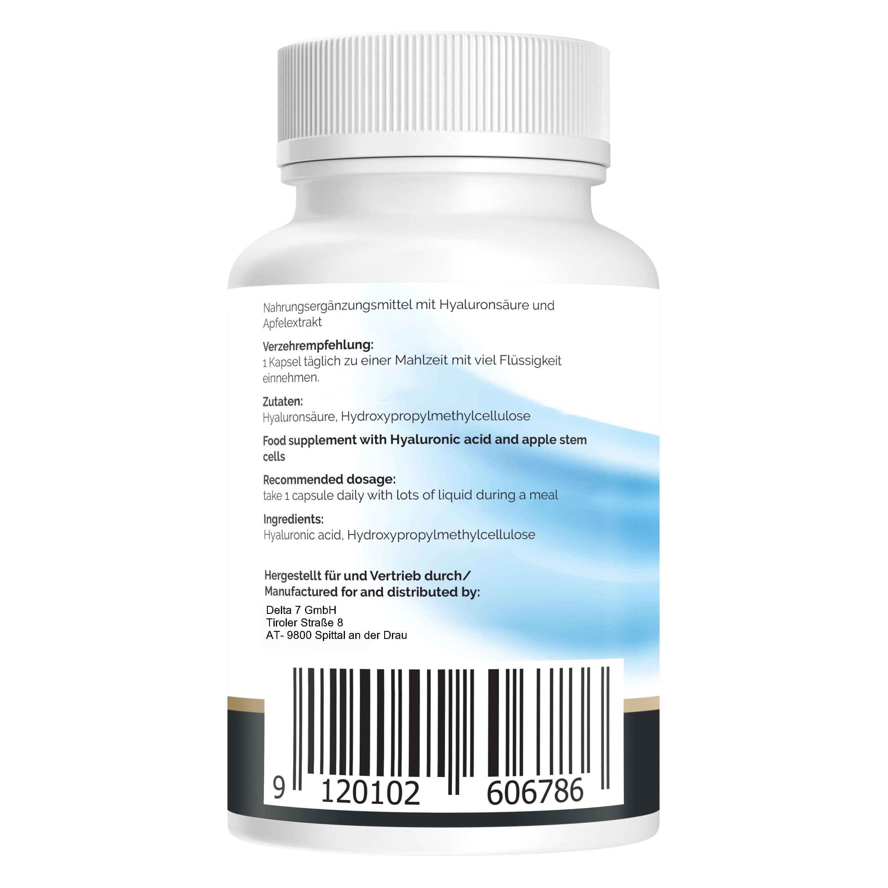 Retro del flacone. Ingredienti: acido ialuronico, idrossipropilmetilcellulosa, estratto di mela. Dosaggio: 1 capsula al giorno con liquido.