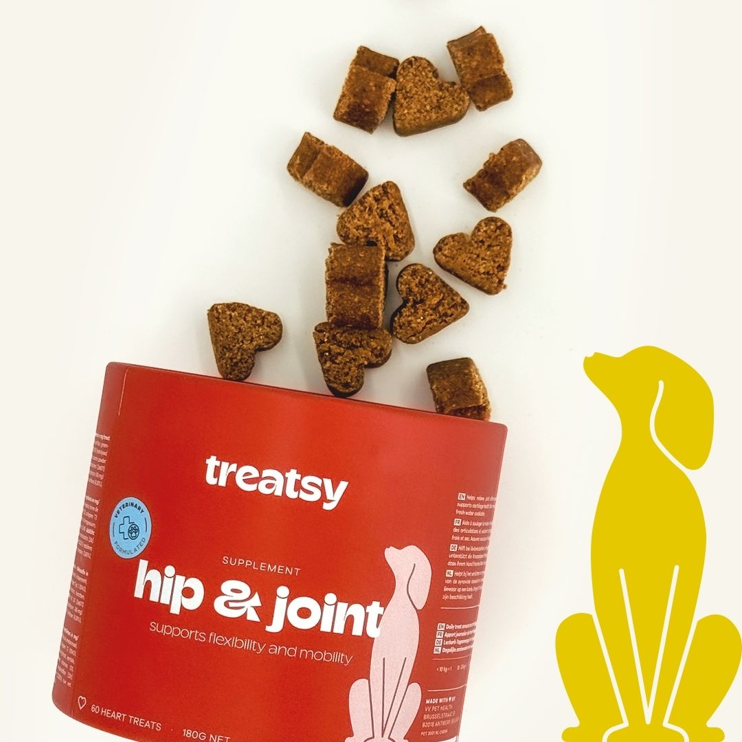 Barattolo rosso "Treatsy" con "hip & joint". Snack a forma di cuore che cadono.