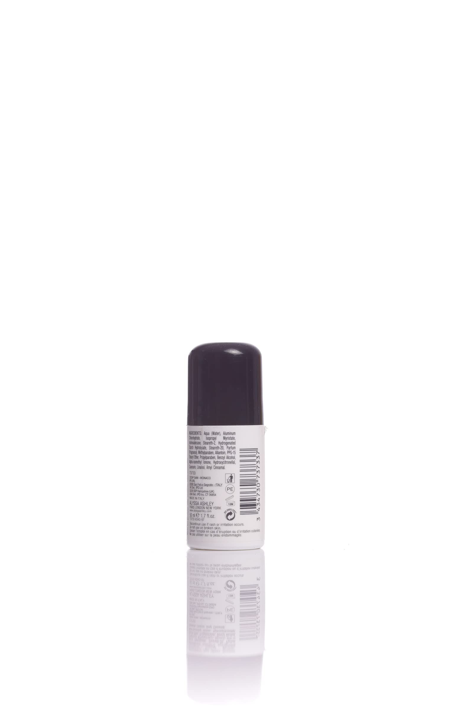 Deodorante roll-on. Retro del flacone. Tappo nero. Testo e codice a barre. Sfondo bianco.