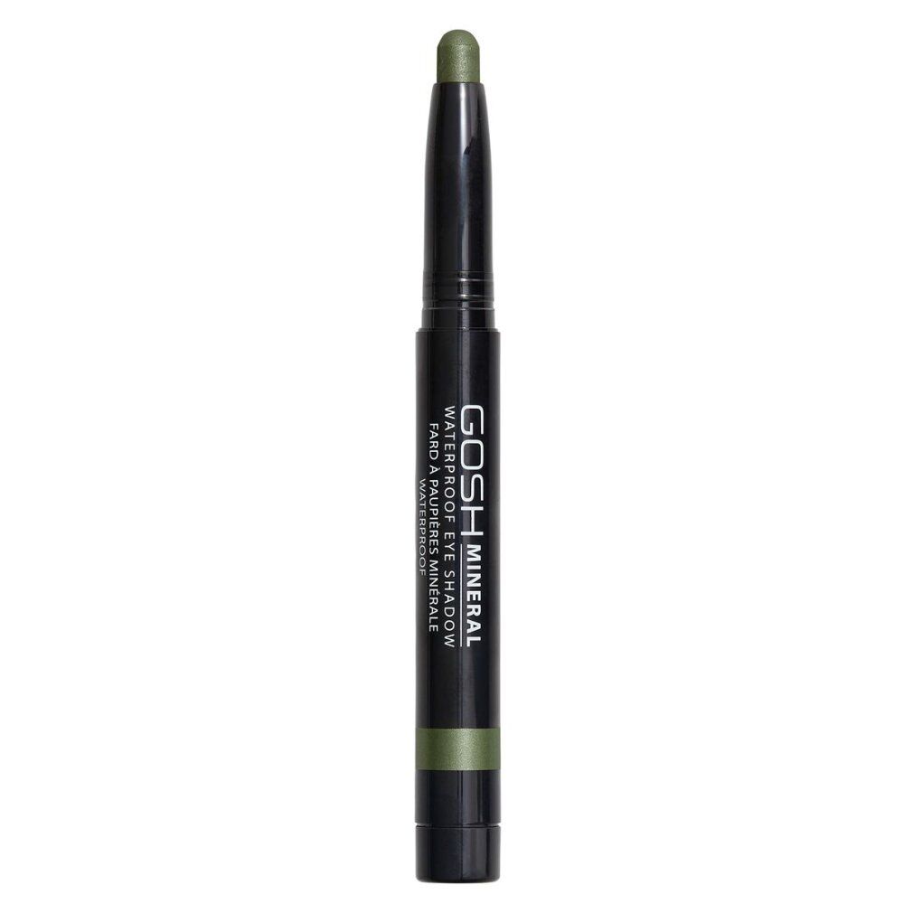 Gosh Mineral Waterproof Eye Shadow 013-Olive Green. Matita nera con punta verde oliva. Scritte sul prodotto.