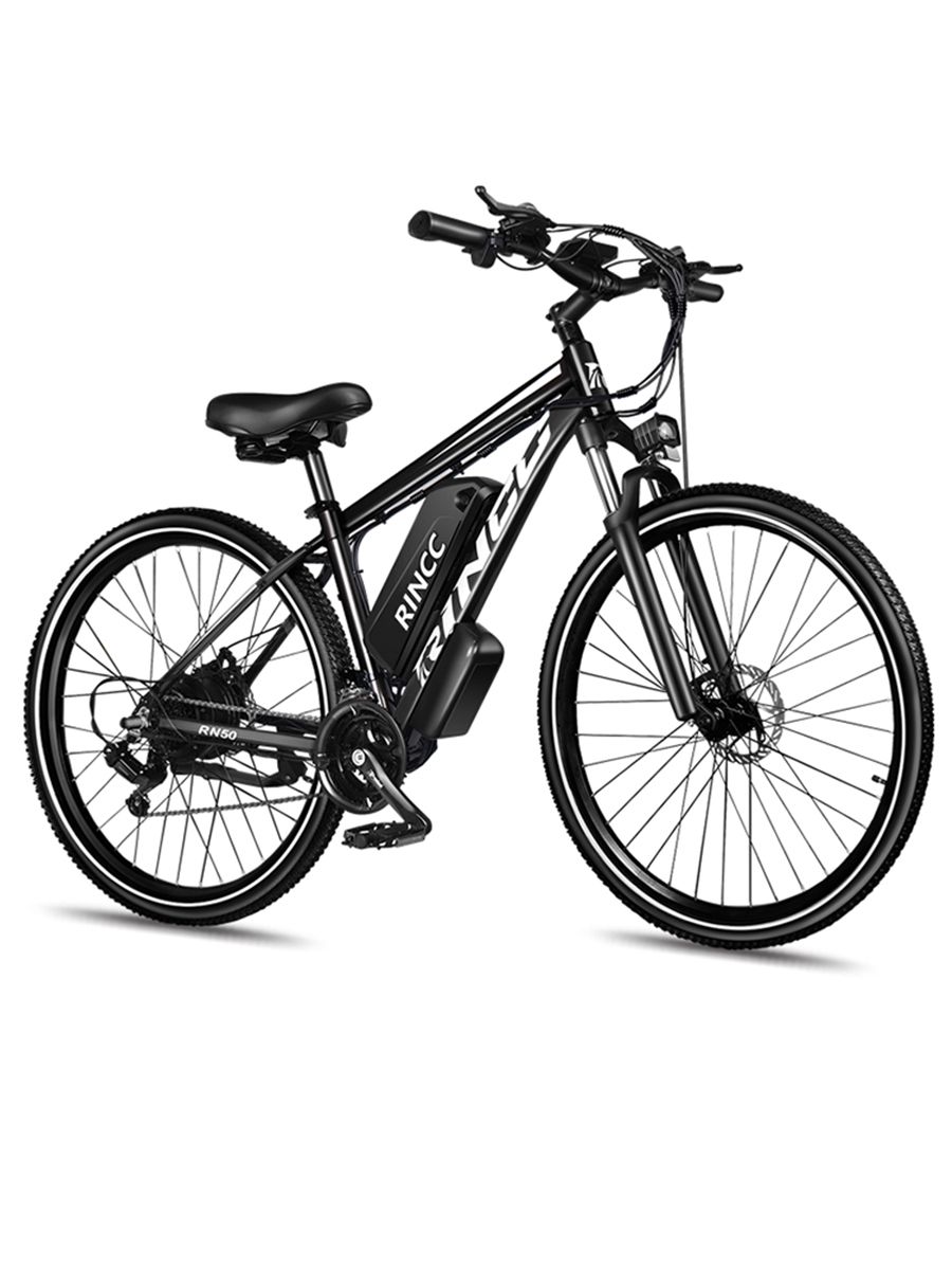 E-bike Rincc R200 nero, vista laterale. Batteria sul telaio, pneumatici scolpiti. Logo Rincc visibile.