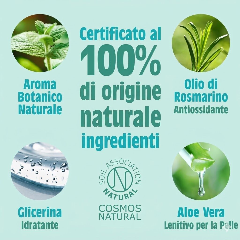 Disposizione circolare degli ingredienti: Aloe Vera, glicerina, olio di rosmarino, menta. Ingredienti 100% naturali, COSMOS NATURAL.