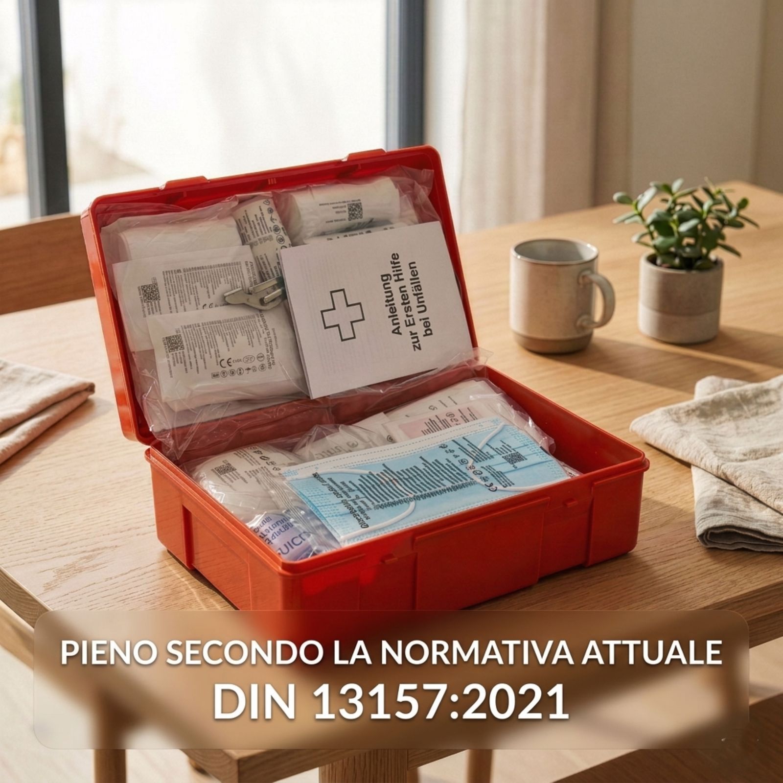 Cassetta di pronto soccorso rossa, aperta, con contenuto. Su un tavolo. Scritta: Erste Hilfe/First Aid. Croce verde.