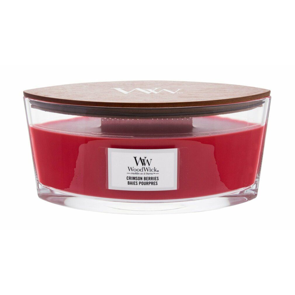 Candela rossa ellittica in vetro con coperchio in legno. Etichetta "Crimson Berries" e logo "WoodWick".