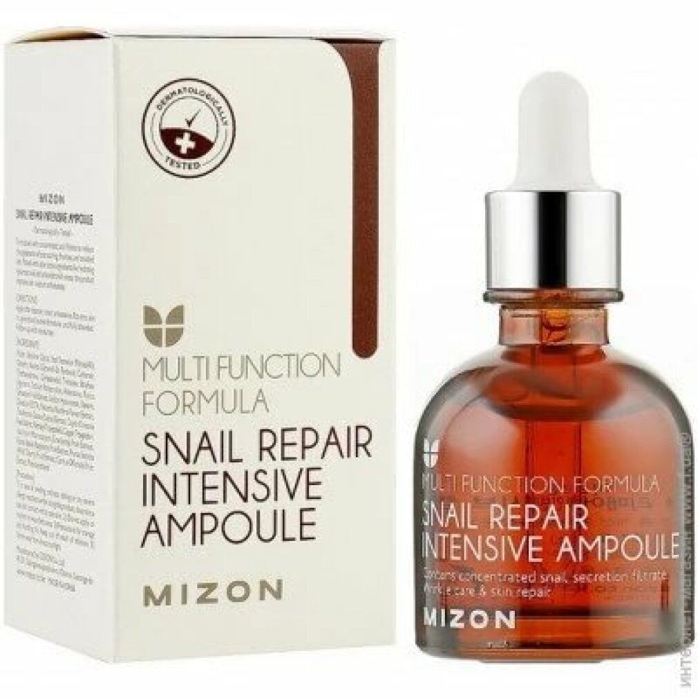 Prodotto e confezione. Flacone e scatola con scritta: Snail Repair Intensive Ampoule. Marchio: MIZON. Testato dermatologicamente.