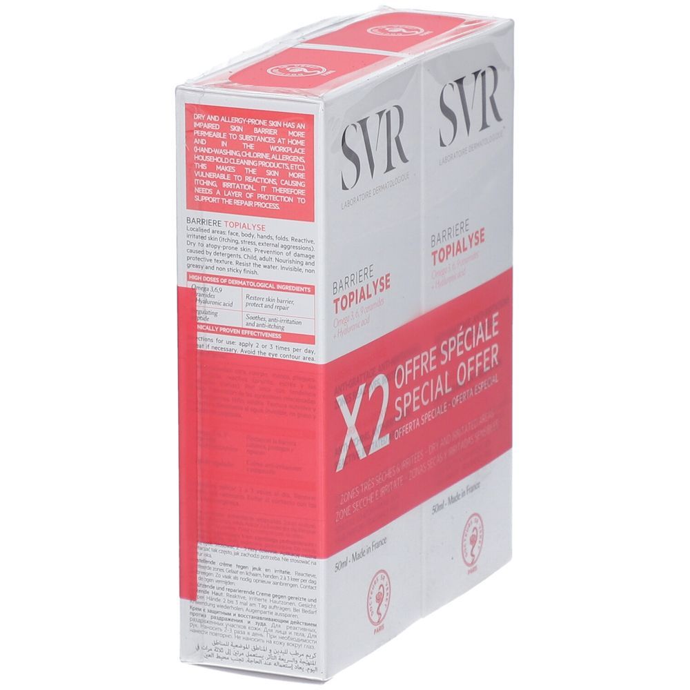 Confezione doppia SVR Barriere Topialyse, vista obliqua. Confezione bianca e rossa. Nome e logo visibili. "X2" e "Offre Spéciale".