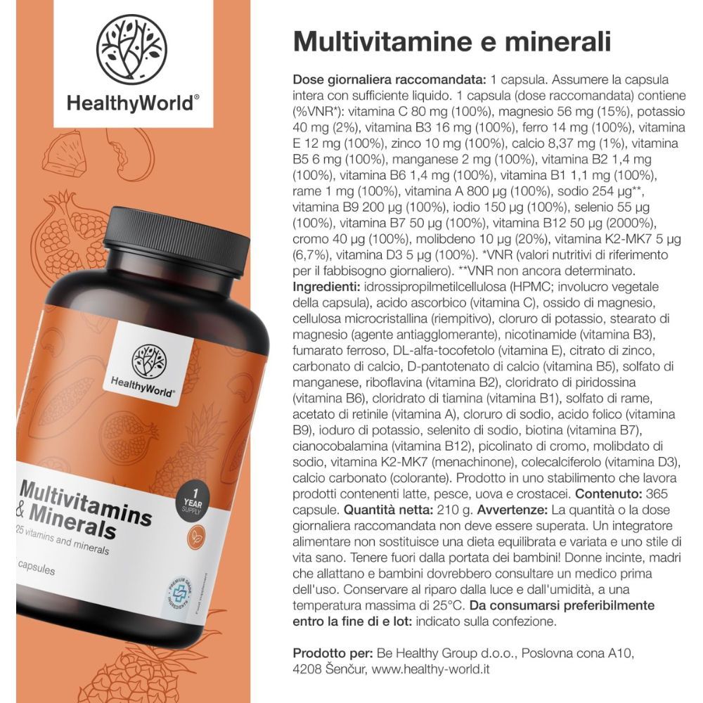 Informazioni sul prodotto: Multivitamine e minerali. Ingredienti, dosaggio, avvertenze. Logo: HealthyWorld.