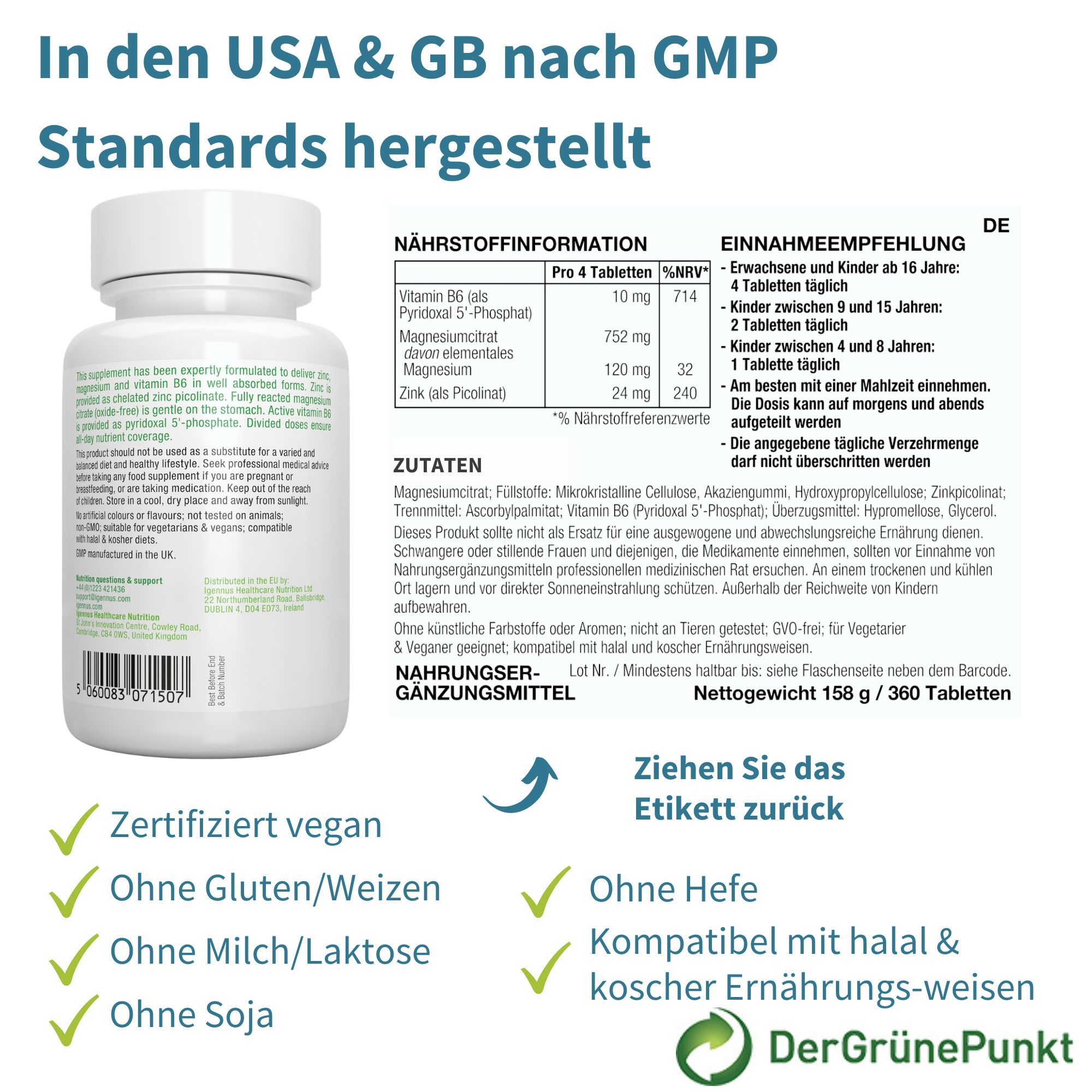 Retro della bottiglia Igennus Neurobalance con testo e informazioni. Testo: Prodotto negli Stati Uniti e nel Regno Unito secondo gli standard GMP.
