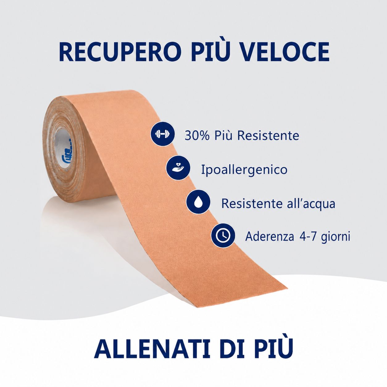 Rotolo di tape kinesiologico beige con testo e icone: 30% più resistente, ipoallergenico, resistente all'acqua, adesione 4-7 giorni.