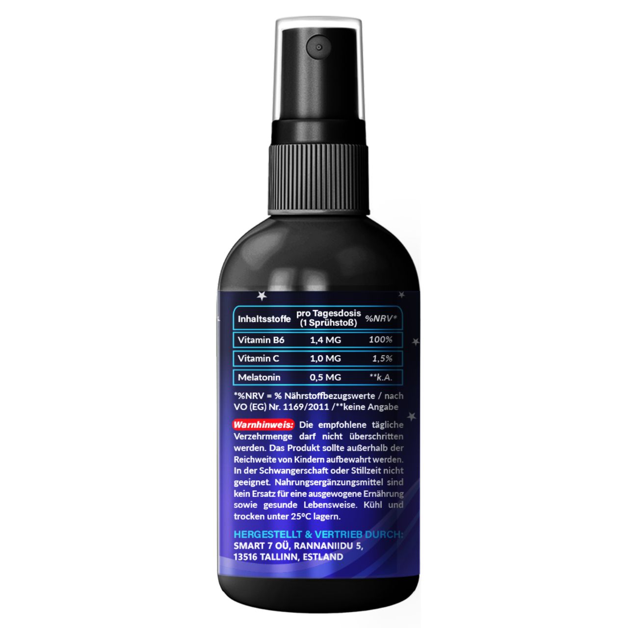 Retro del flacone spray. Informazioni nutrizionali per dose giornaliera. Contiene vitamina B6, C e melatonina. Avvertenza.