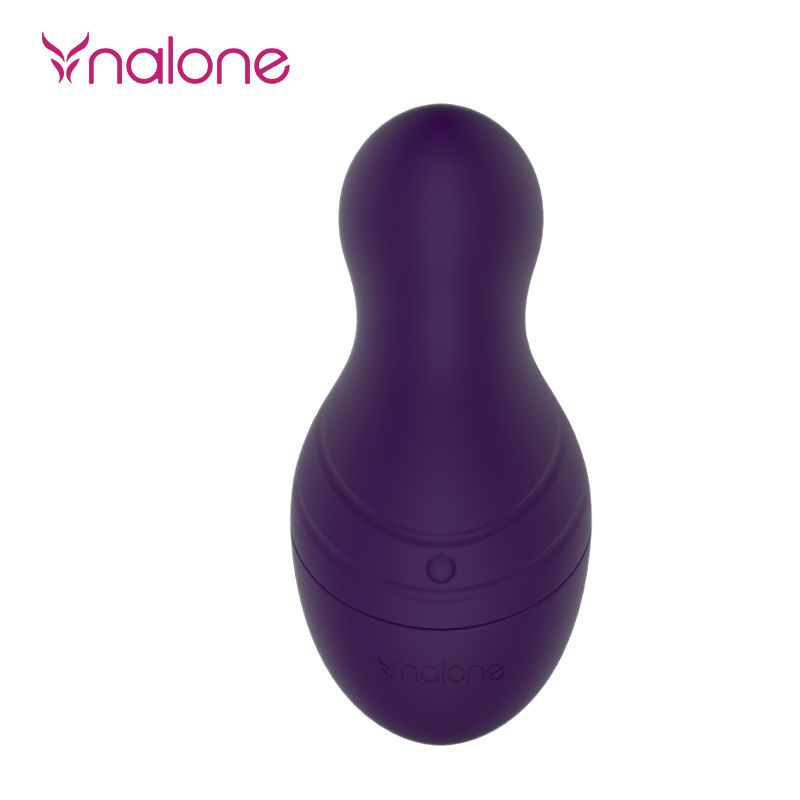 Stimolatore viola dalla forma curva con scanalature e il nome del marchio 'Nalone'.
