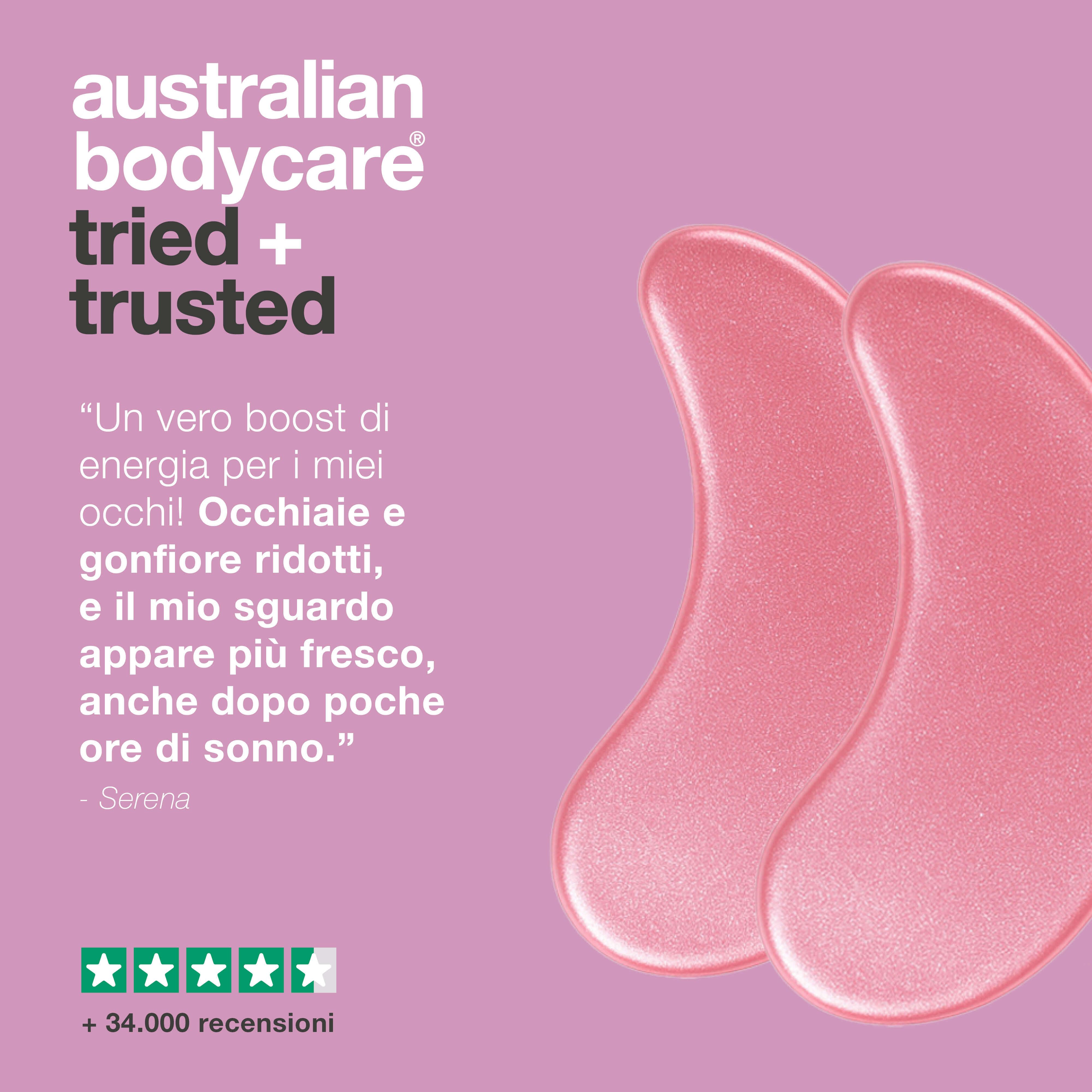 Due patch occhi rosa. Testo: Australian Bodycare, tried + trusted. Citazione e valutazione a 5 stelle.