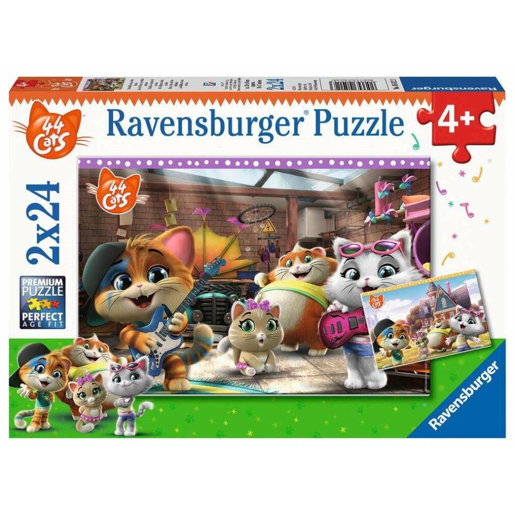 Puzzle Ravensburger 44 Gatti, 2x24 pezzi. Scatola con illustrazioni di gatti. Età consigliata 4+. Logo e nome del prodotto.