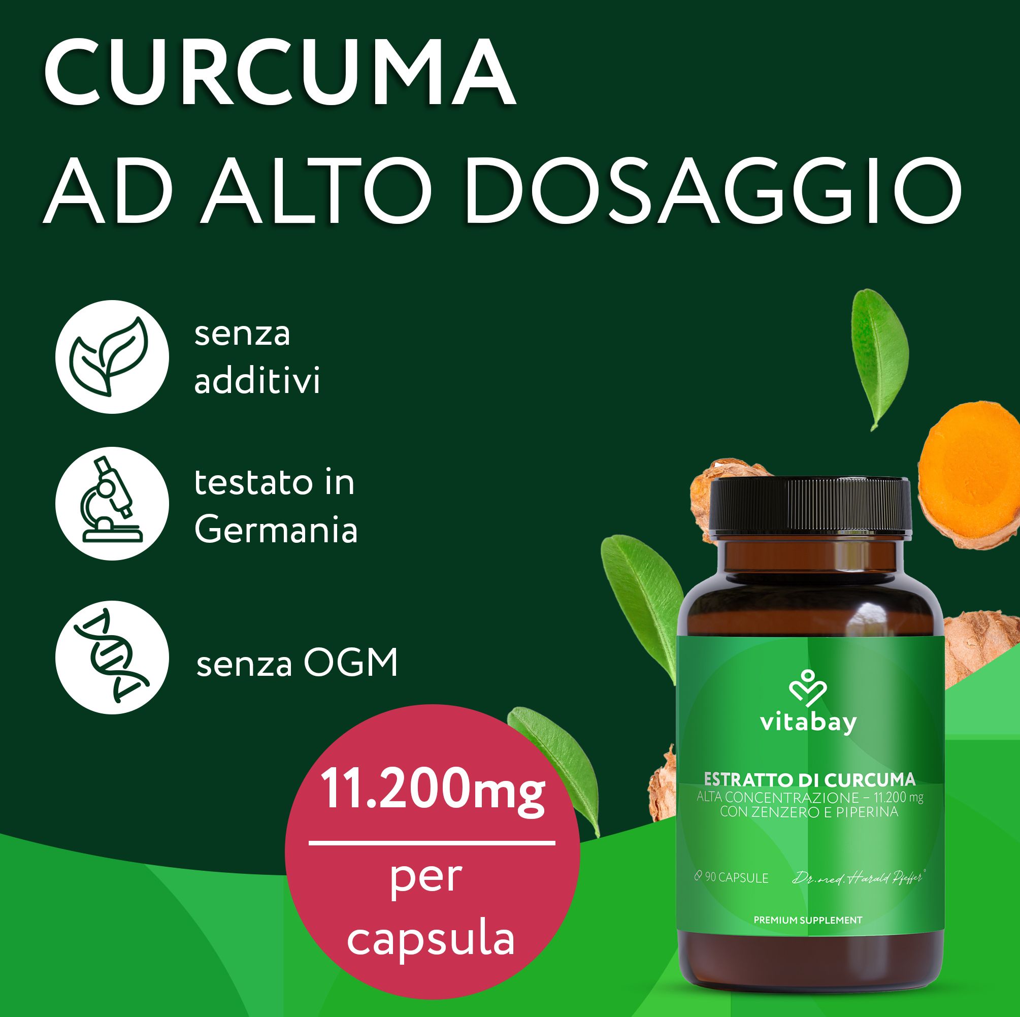 Bottiglia di estratto di curcuma italiano con simboli per "Senza additivi", "Testato" e "Senza OGM".