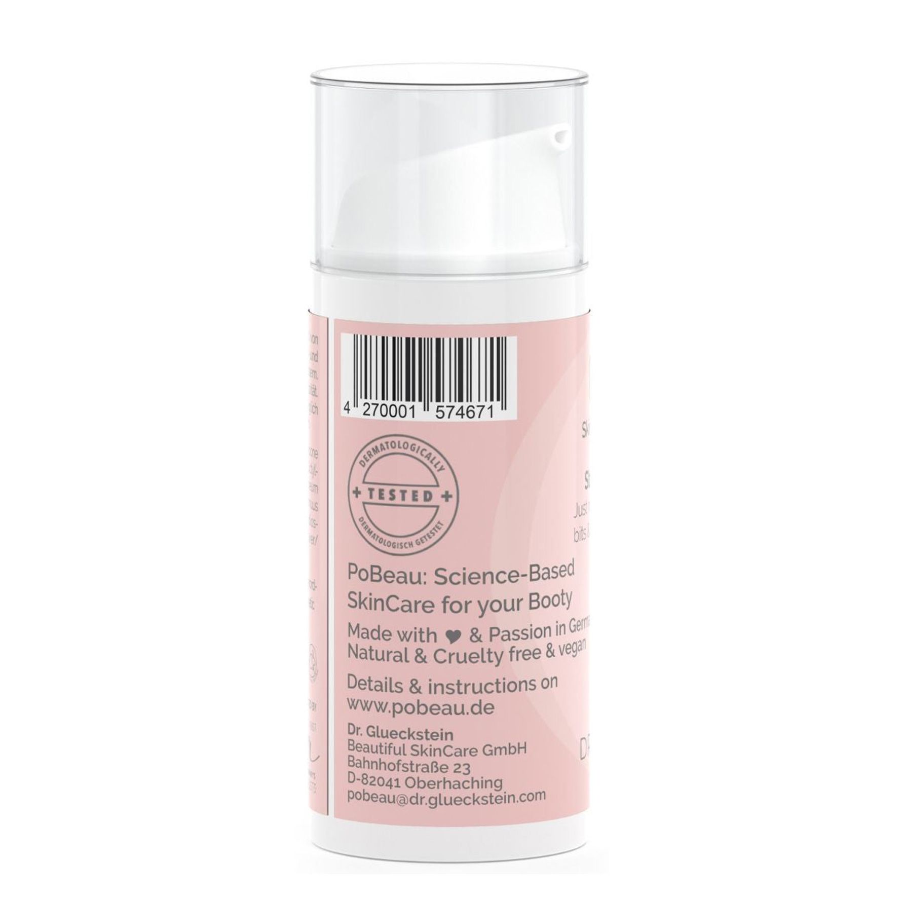 Retro del flacone rosa. Codice a barre. Testo: Pobeau, Science-Based SkinCare. Logo: cuore. Testato.