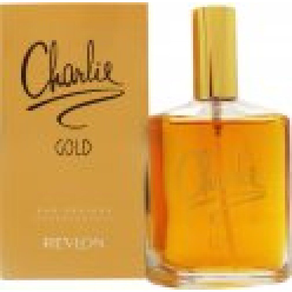Eau Fraîche dorata Revlon. Flacone con tappo dorato e scritta Charlie Gold. Scatola con scritta.