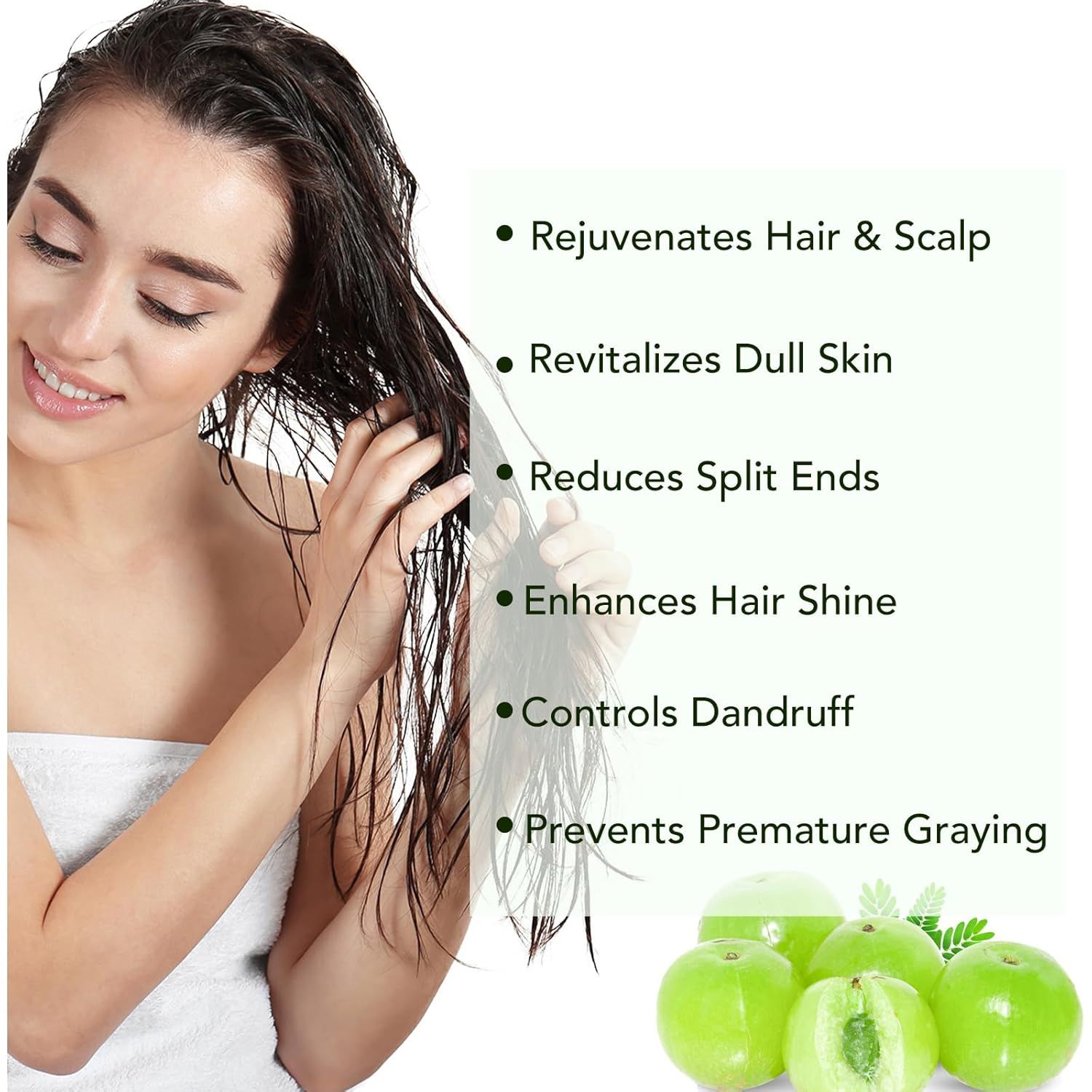 Donna con capelli bagnati. Testo: Rejuvenates Hair & Scalp, Revitalizes Dull Skin, Reduces Split Ends, Enhances Hair Shine, Controls Dandruff.