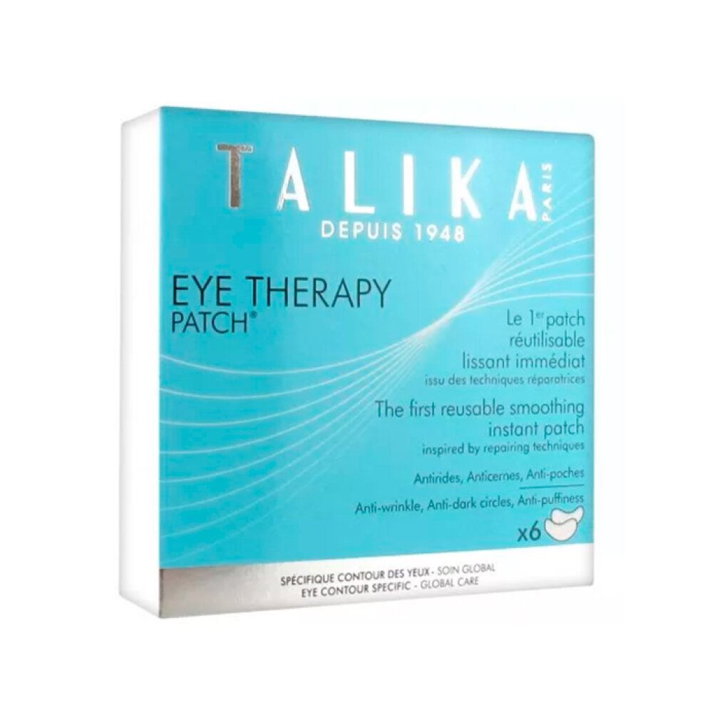 Confezione di Talika Eye Therapy Patch. Testo: Eye Therapy Patch, anti-rughe, anti-occhiaie, anti-borse. Sei patch.