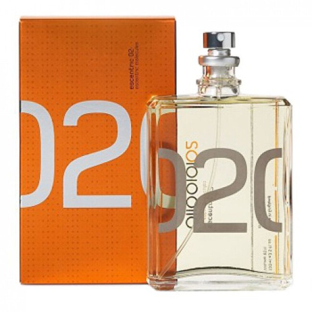 Flacone di profumo ESCENTRIC 02 accanto alla sua scatola di imballaggio arancione. Grande '02' argentato sulla scatola.