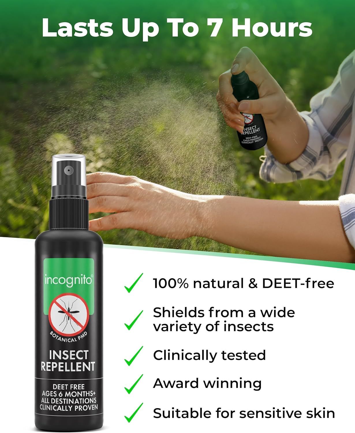 Flacone spray nero con etichetta verde. Testo: Repellente per insetti, 100% naturale, senza DEET, testato clinicamente. Persona spruzzando.