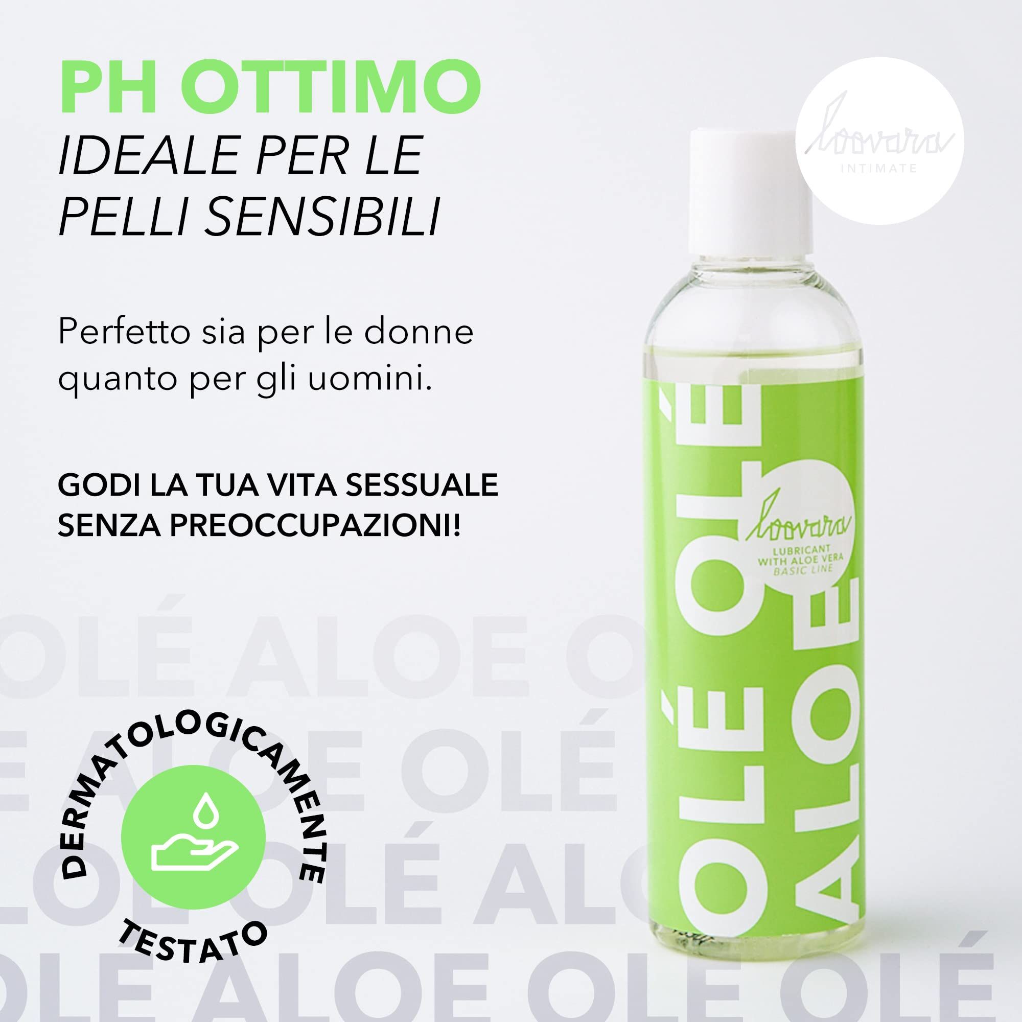 Flacone di gel lubrificante Loovara, pH ottimale, ideale per pelli sensibili, testato dermatologicamente.