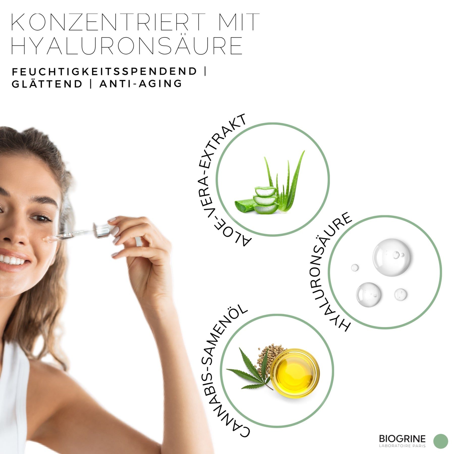 BIOGRINE Siero intenso – Rigenerante e antiossidante con CBD, Acido Ialuronico e tè verde