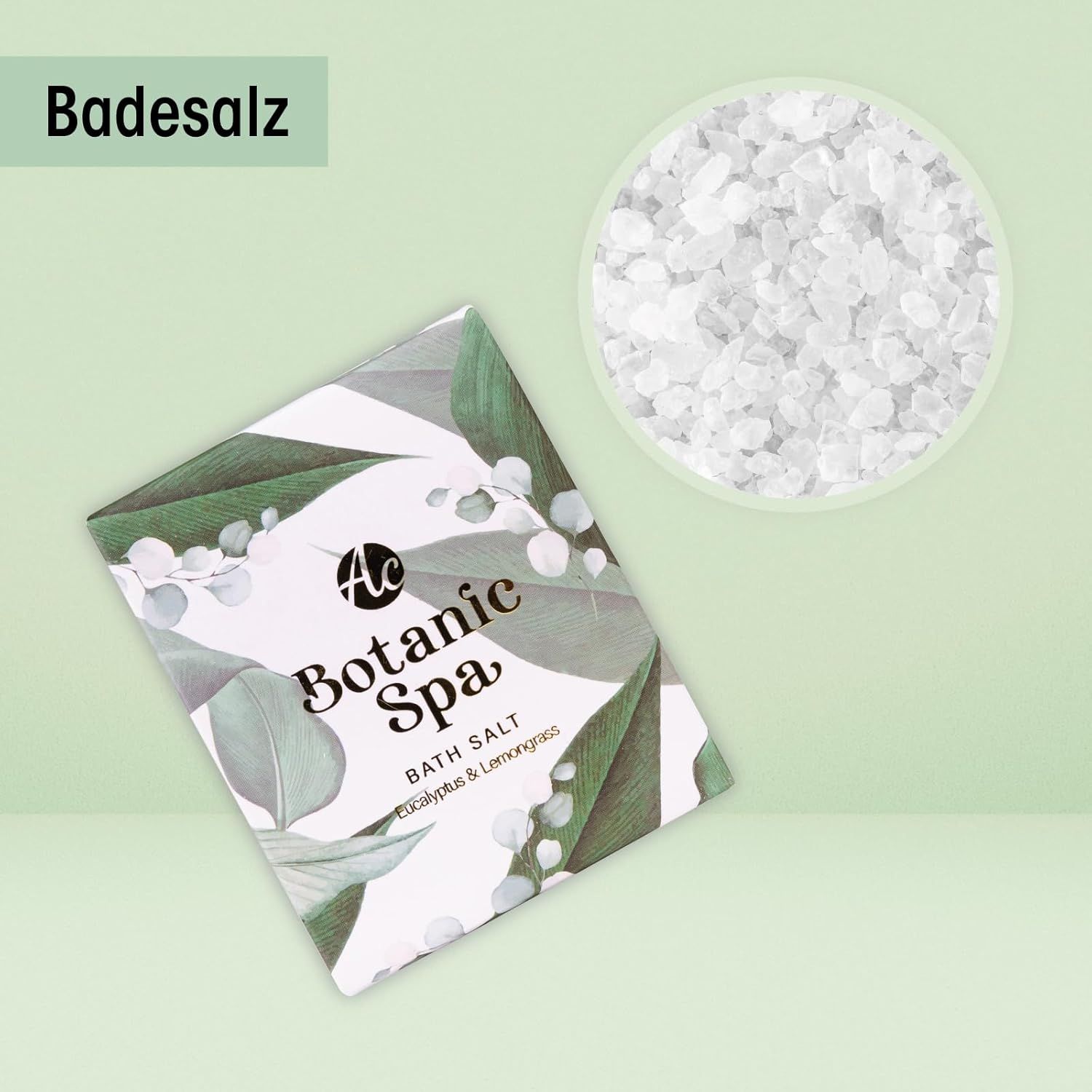 Confezione di sale da bagno con logo Botanic Spa e design eucalipto. Accanto, cristalli di sale da bagno.