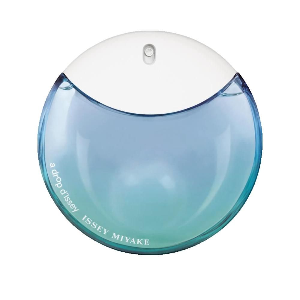 Flacone rotondo con tappo bianco e liquido blu-verde. Scritta: a drop d'Issey, ISSEY MIYAKE.