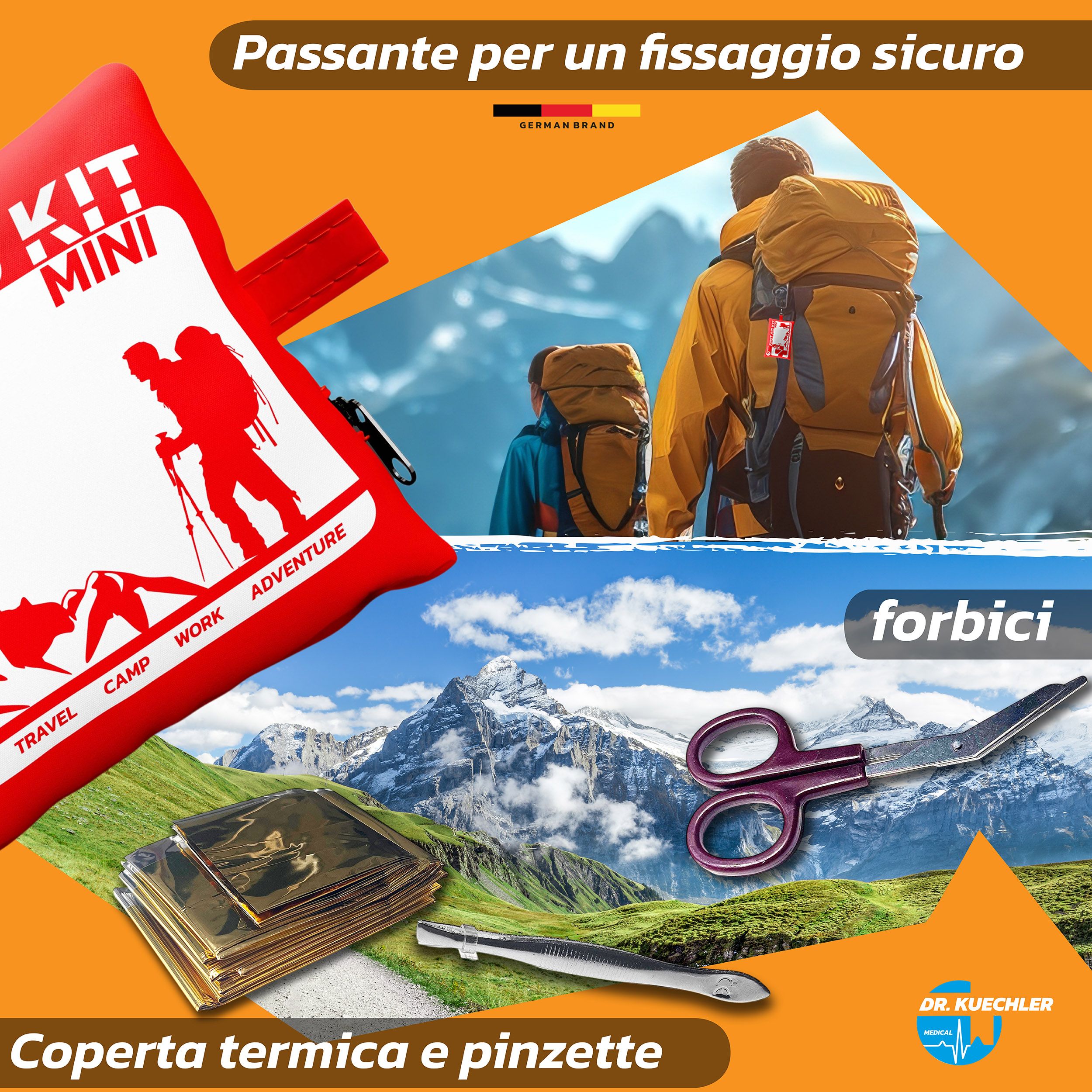 Kit di pronto soccorso rosso con passante. Contiene forbici, coperta termica e pinzette. Paesaggio montano.