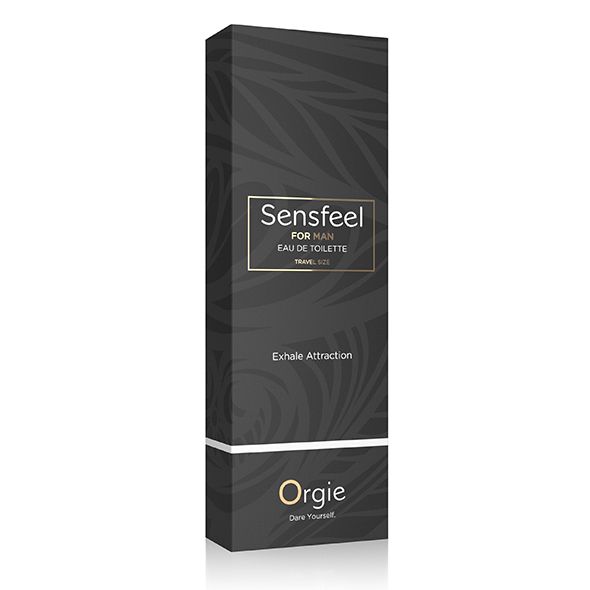 Confezione nera con testo dorato. Scritta Sensfeel for Man Eau de Toilette. Marchio Orgie. Exhale Attraction.
