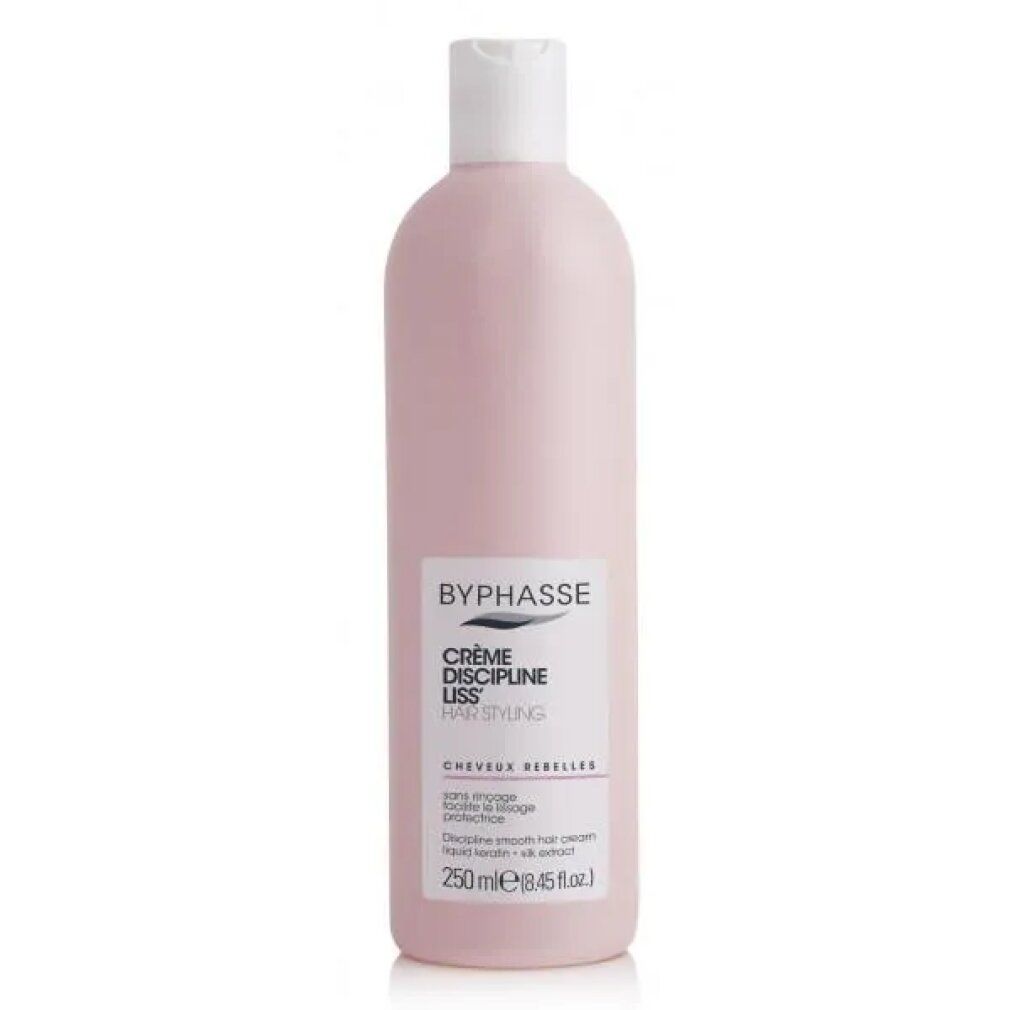 Flacone rosa con tappo bianco. Etichetta: BYPHASSE, Crème Discipline Liss, Hair Styling. Testo: Cheveux rebelles.