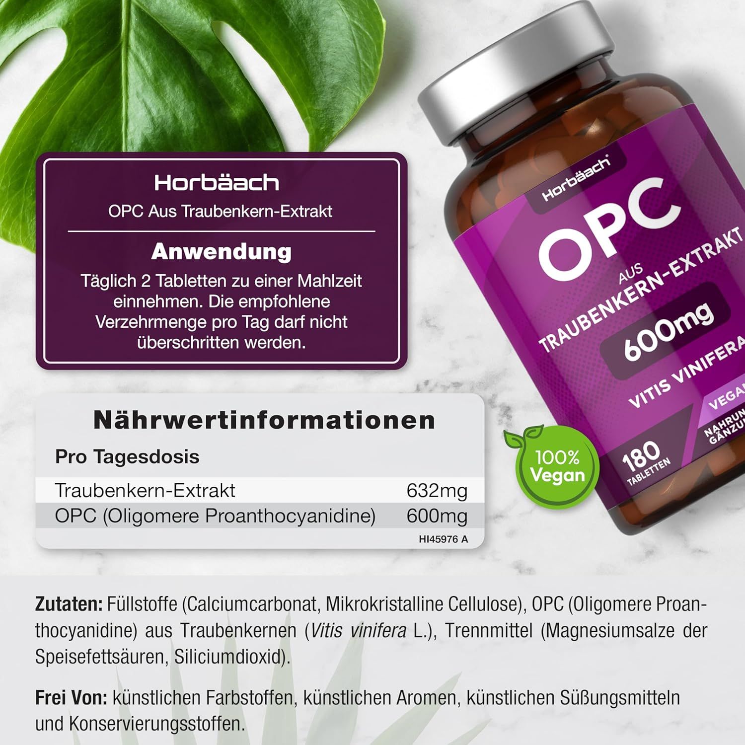Flacone marrone con etichetta viola. Testo: OPC, 600mg, 180 compresse. Vegano. Horbaach. Testo e tabella.