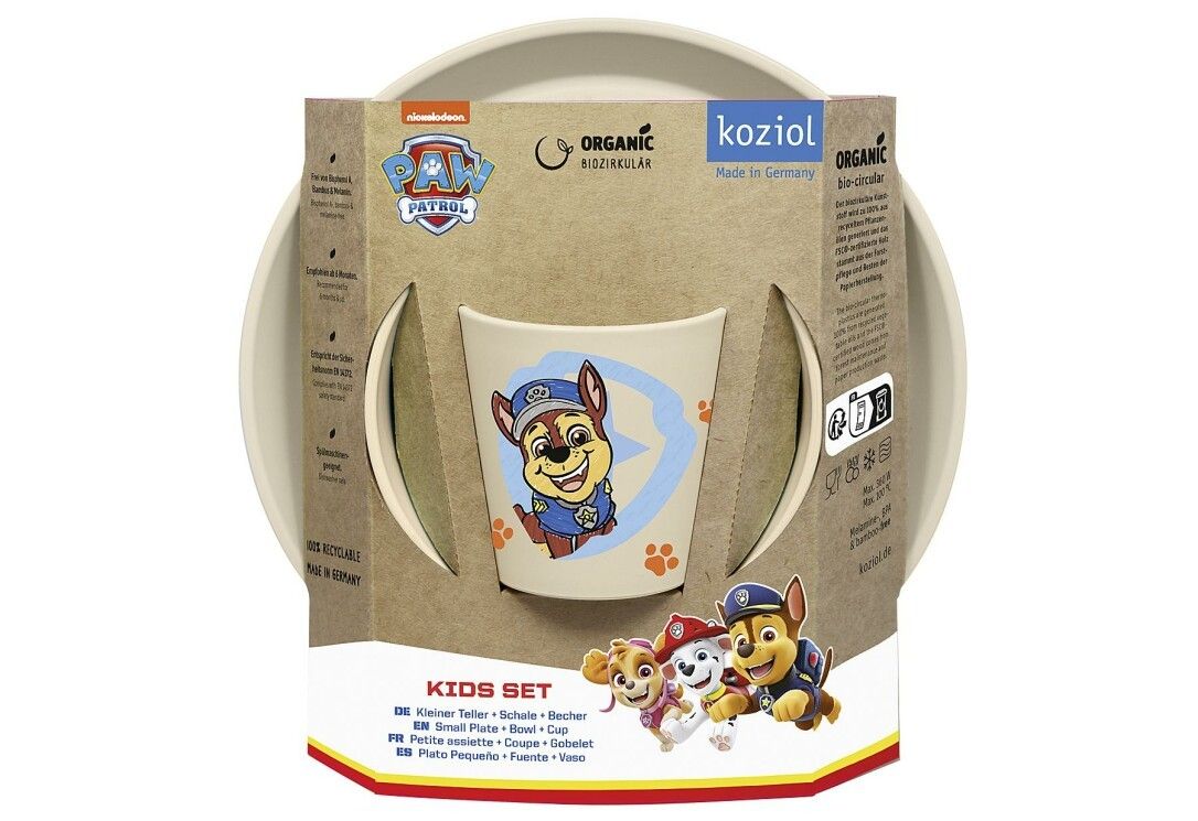 Confezione del set di stoviglie per bambini. Include una ciotola, un bicchiere e un piatto. Con motivi Paw Patrol. Marchio: KOZIOL.