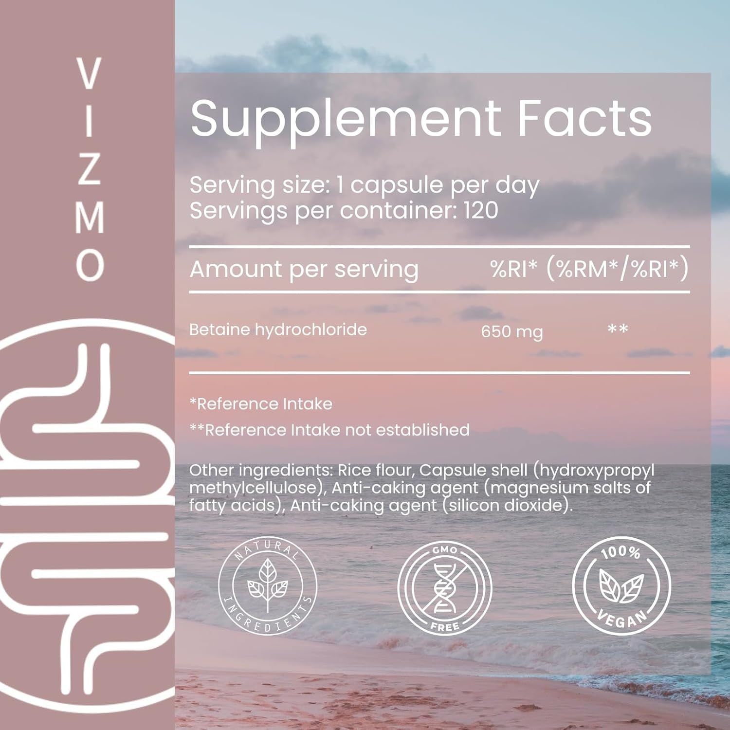 Tabella nutrizionale. Cloridrato di betaina 650 mg. Ingredienti: farina di riso, involucro della capsula, antiagglomerante. 120 porzioni.