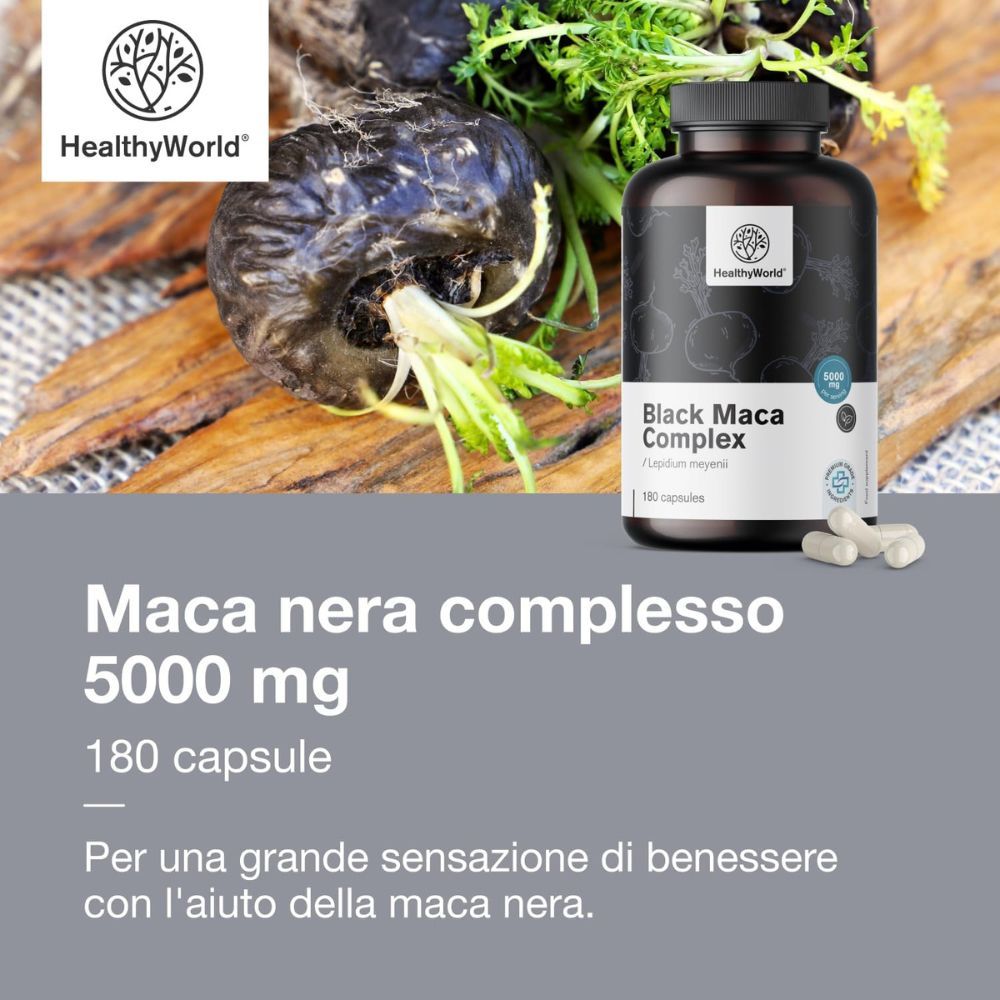 Immagine del prodotto con testo: Maca nera complesso 5000 mg, 180 capsule. Logo: HealthyWorld.
