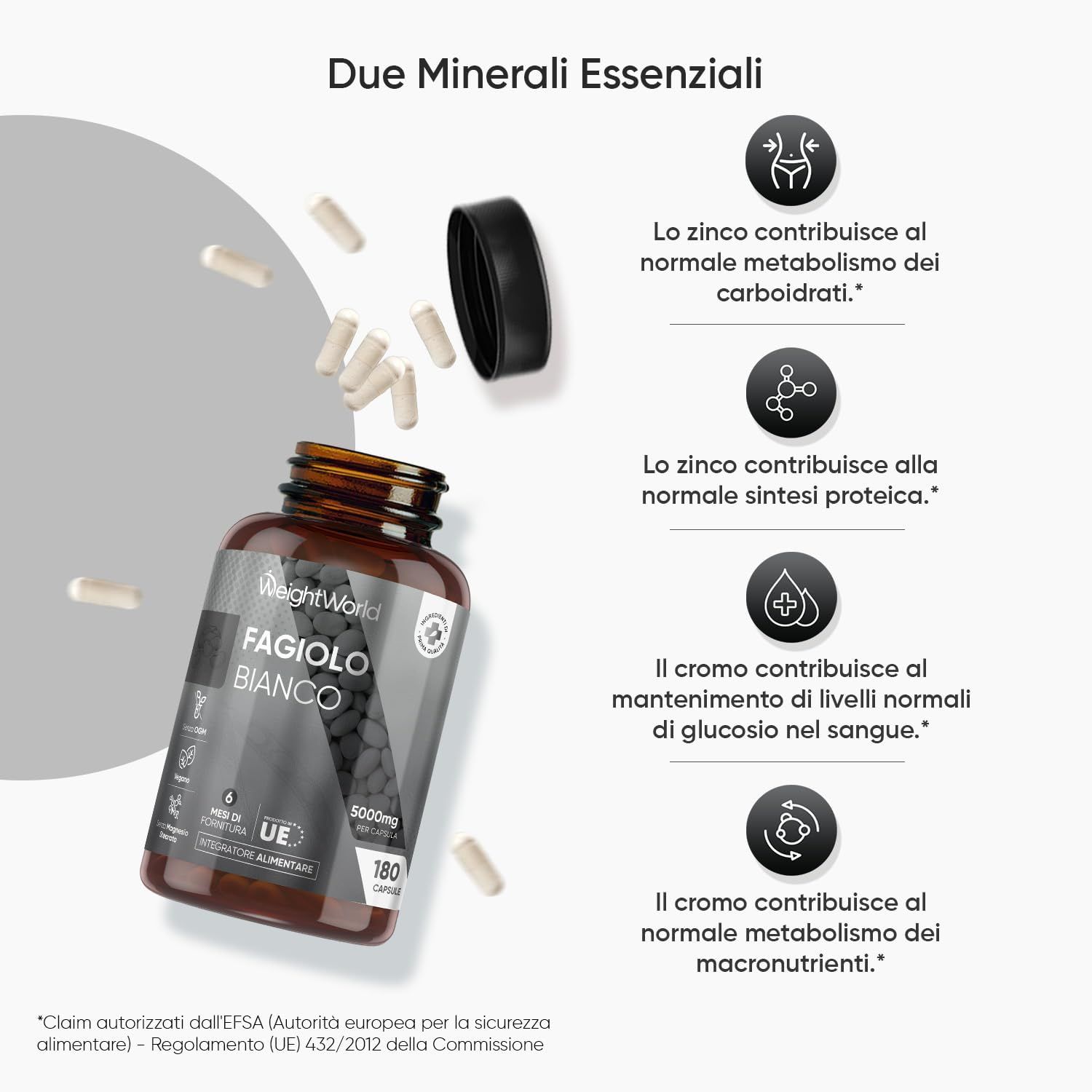 Flacone marrone con capsule, capsule accanto. Testo: Fagiolo Bianco, effetti di zinco e cromo.
