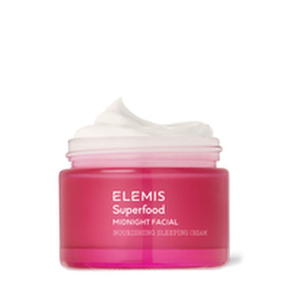 Vaso rosa con coperchio bianco. Crema in cima. Scritta: Elemis Superfood Midnight Facial.
