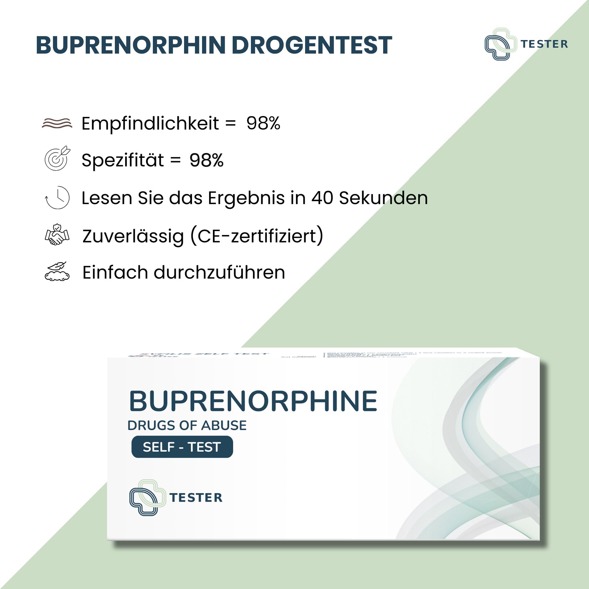 Confezione del test antidroga alla buprenorfina. Testo con informazioni: Sensibilità 98%, Specificità 98%, risultato in 40 secondi, affidabile (certificato CE), facile.